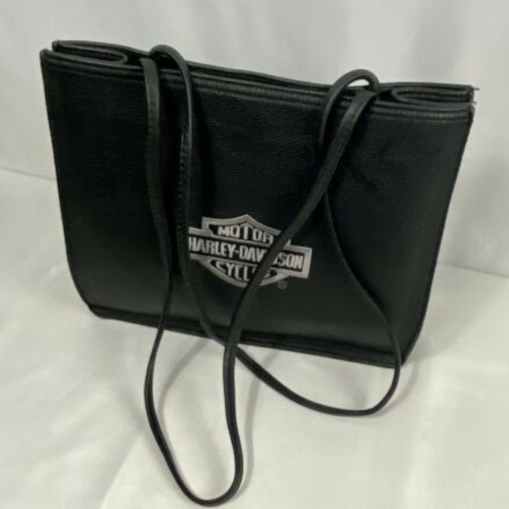 Harley Davidson Black Leather Women's Double Handles Shoulder Tote Handbag